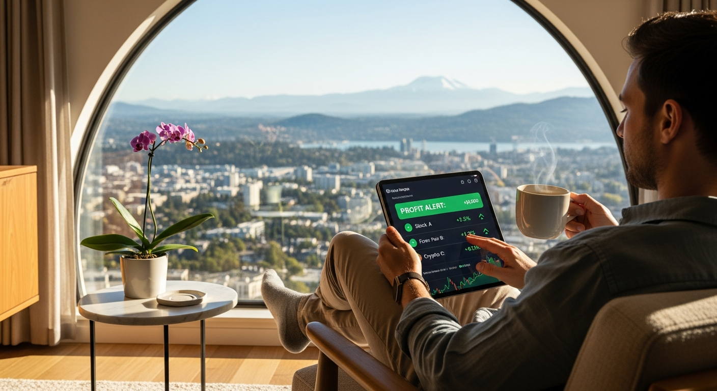 An inspiring image showing a person enjoying leisure time (e.g., drinking coffee by a window with a view) while holding a tablet showing positive trading notifications. Represents financial freedom.