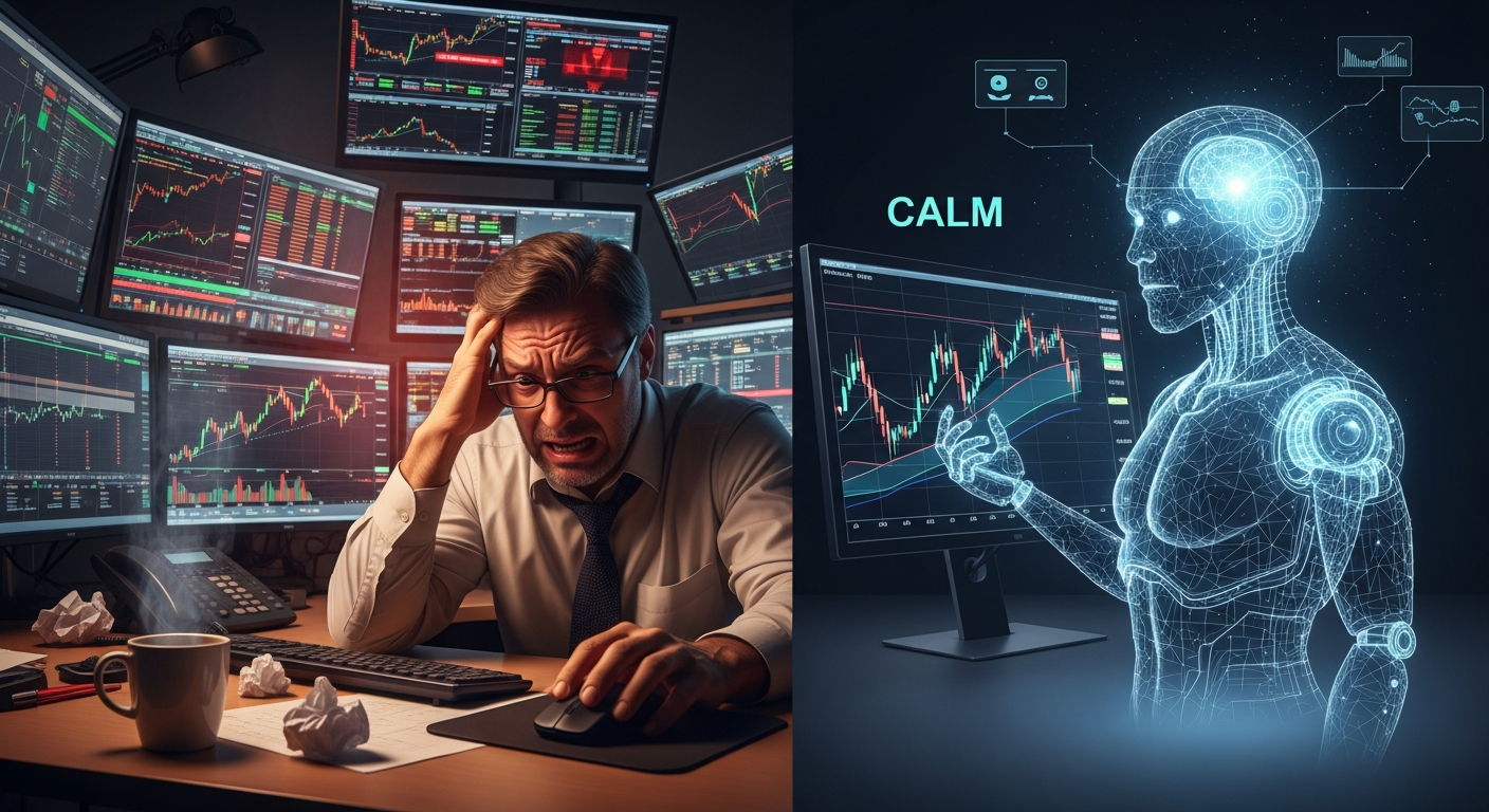 A conceptual illustration comparing a stressed human trader with multiple screens versus a calm robot executing trades automatically. The robot is depicted as a glowing digital outline over a chart. High quality, professional style.